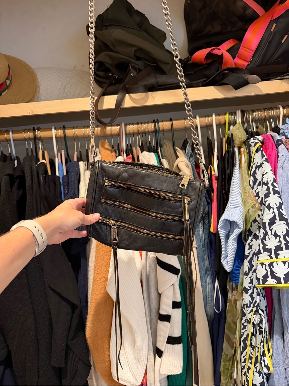 Rebecca Minkoff Black Leather Mini Crossbody with Gold Chain